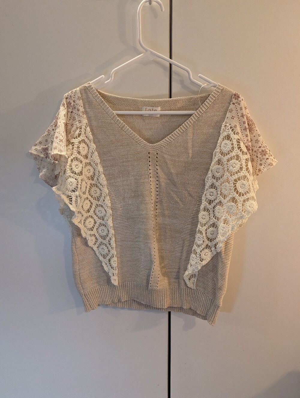 Fate Neutral Lace-Trim V-Neck Knit Top - Beige/Cream
